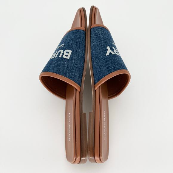 BURBERRY Carolyn Denim Logo Flat Slide EU 38.5 US 8.5 Blue Brown Two Tone Sandal - Picture 4 of 11